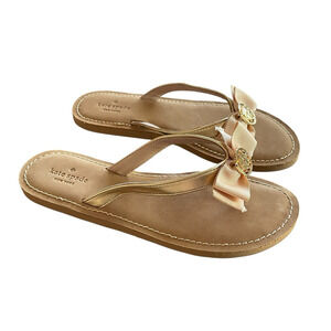 KATE SPADE NEW YORK Ida Womens Size 9.5 Gold Nappa Leather Tan Bow Thong Sandals